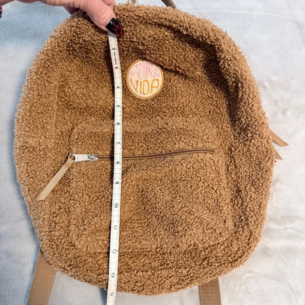 Pura Vida Teddy Bear Sherpa Mini Backpack Brown Fuzzy Boho Logo